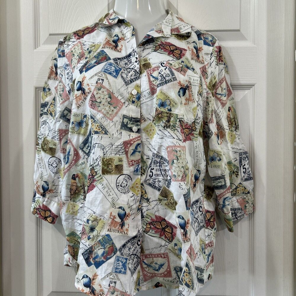 Chico's 2 No Iron Blouse Women's L Linen International Stamp Print Shirt Top